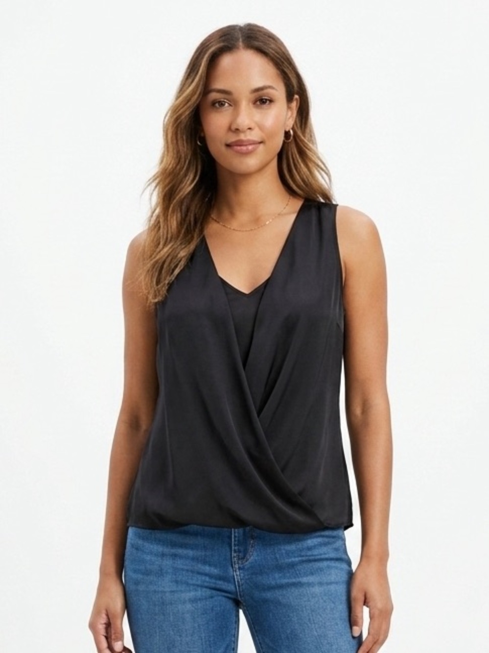 WHBM Black Satin Layered Surplice V Neck French Tuck High Low Top XS EUC $78